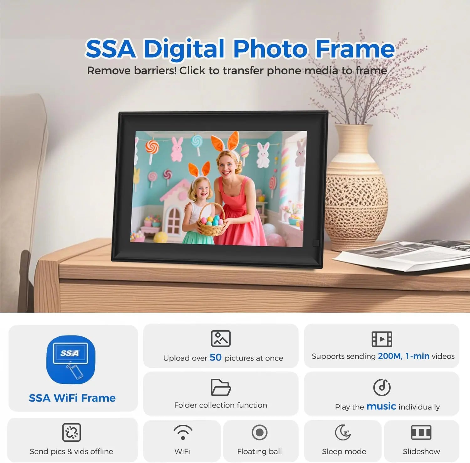 SSA Digital Photo Frame displaying a family photo on a wooden surface with decorative elements.