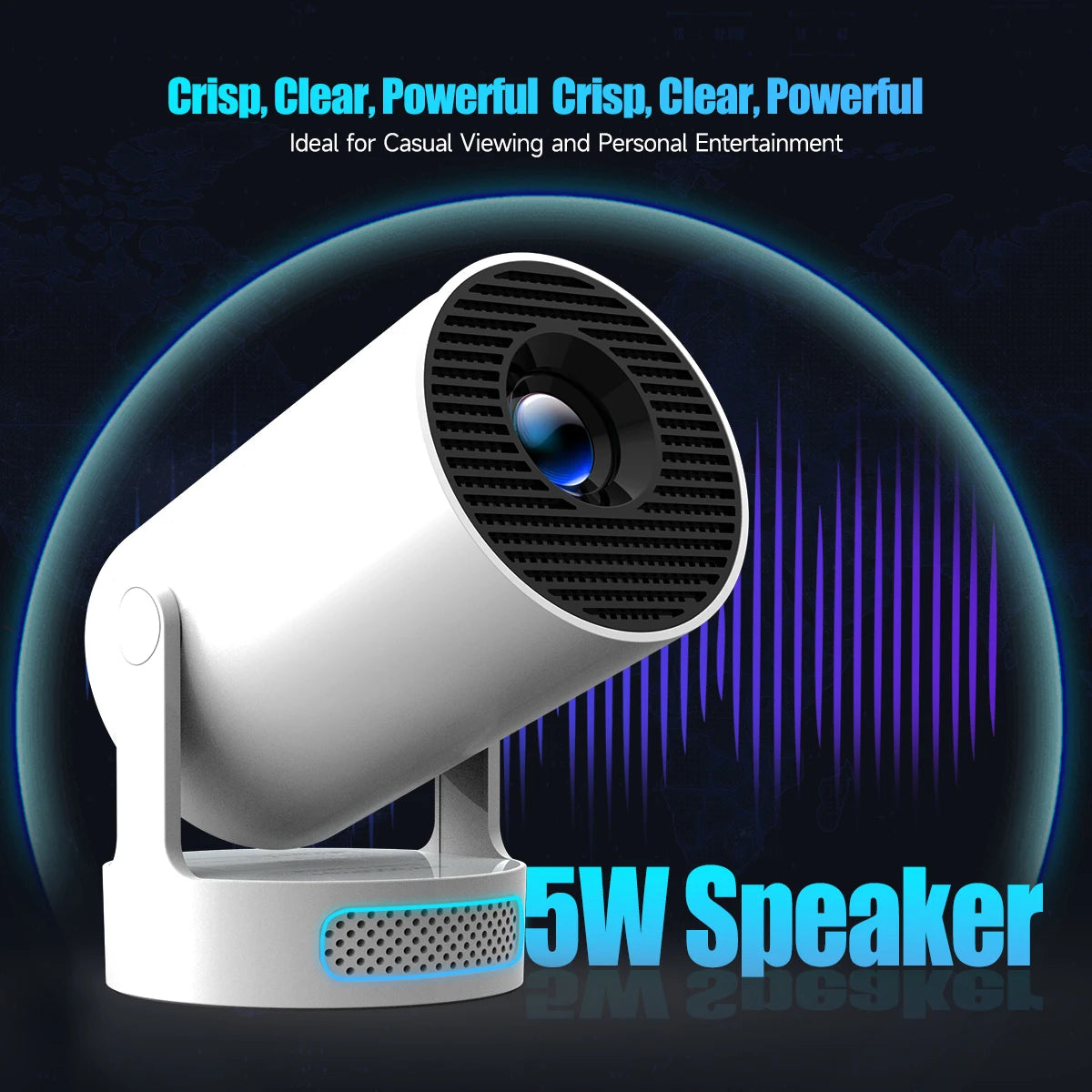 White speaker with black grille on a dark background, featuring text about sound quality and power.