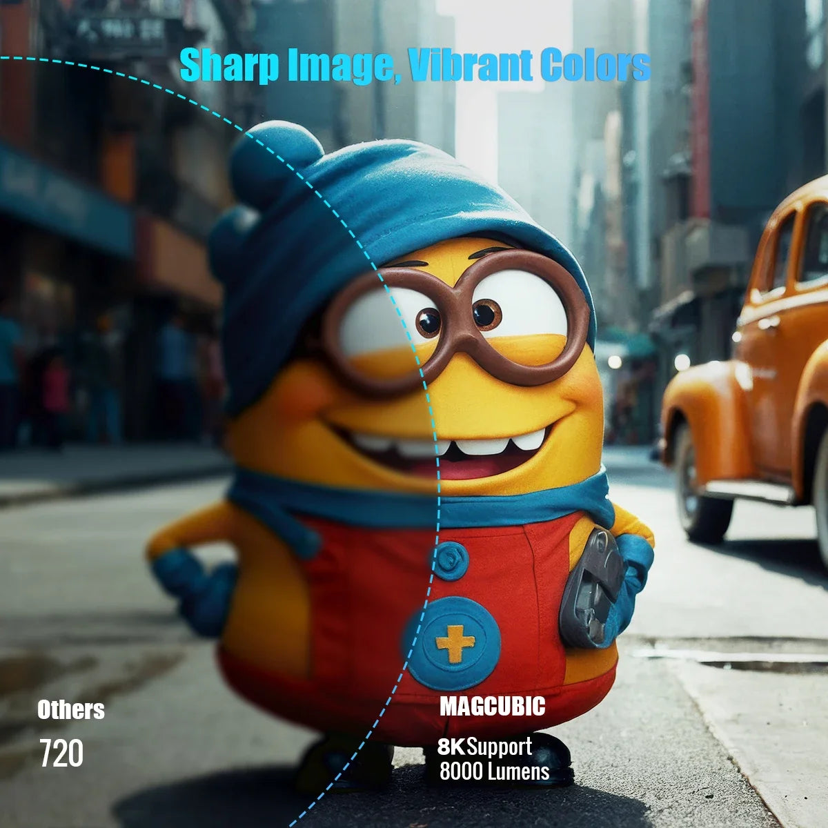Cartoon character in a city street with text about image quality and features.