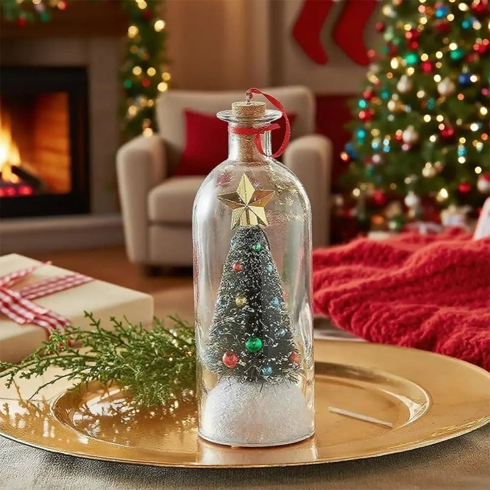Decorative bottle with a miniature Christmas tree inside, set against a festive background with a fireplace and tree.
