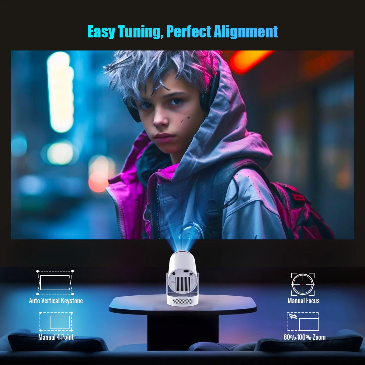 Person in futuristic outfit with a device on a table, set against a blurred cityscape background.