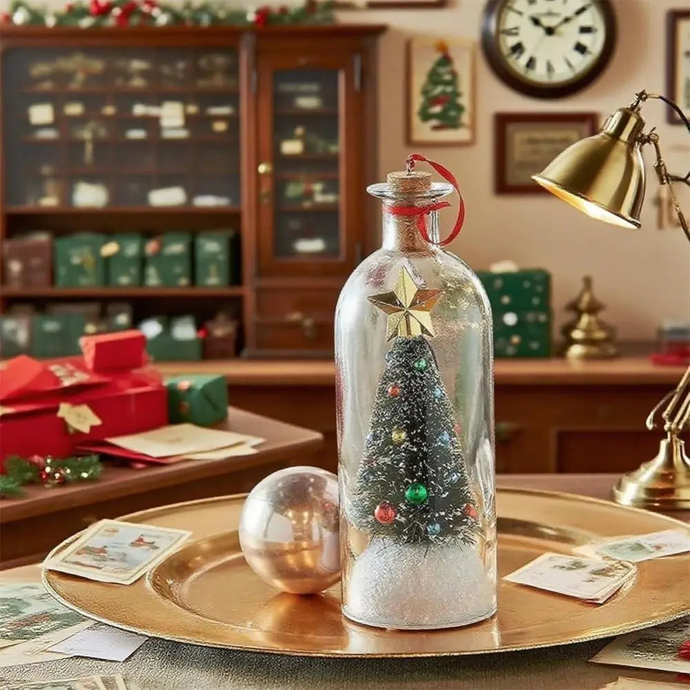 Decorative bottle with a miniature Christmas tree inside, placed on a table with festive background.