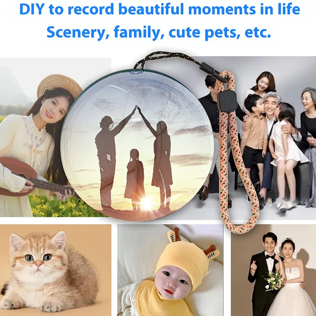 Product for recording moments with scenic, family, and pet photos displayed.