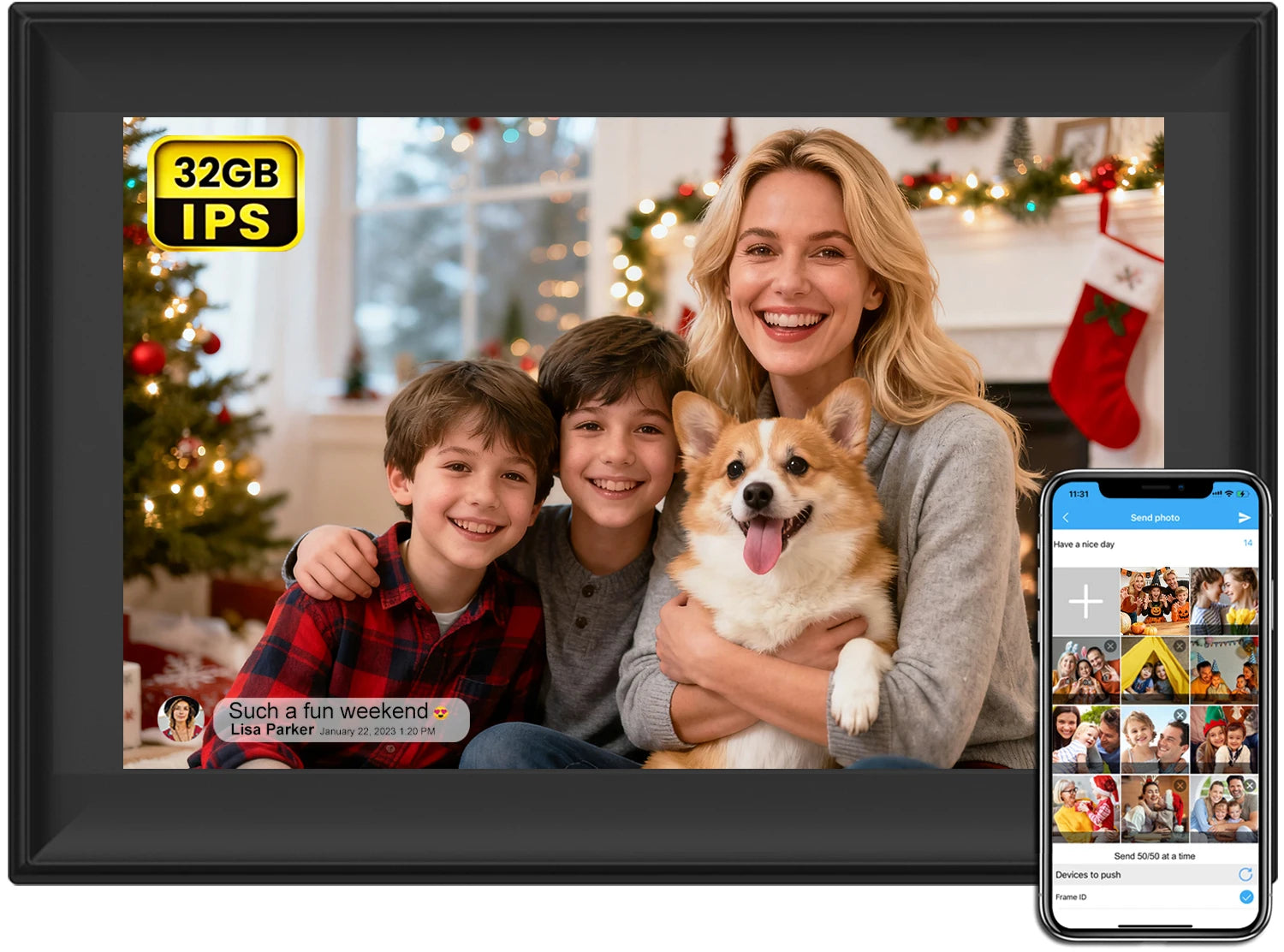 Digital photo frame displaying a family with a dog, Christmas decorations in the background, and a smartphone app interface on the right.